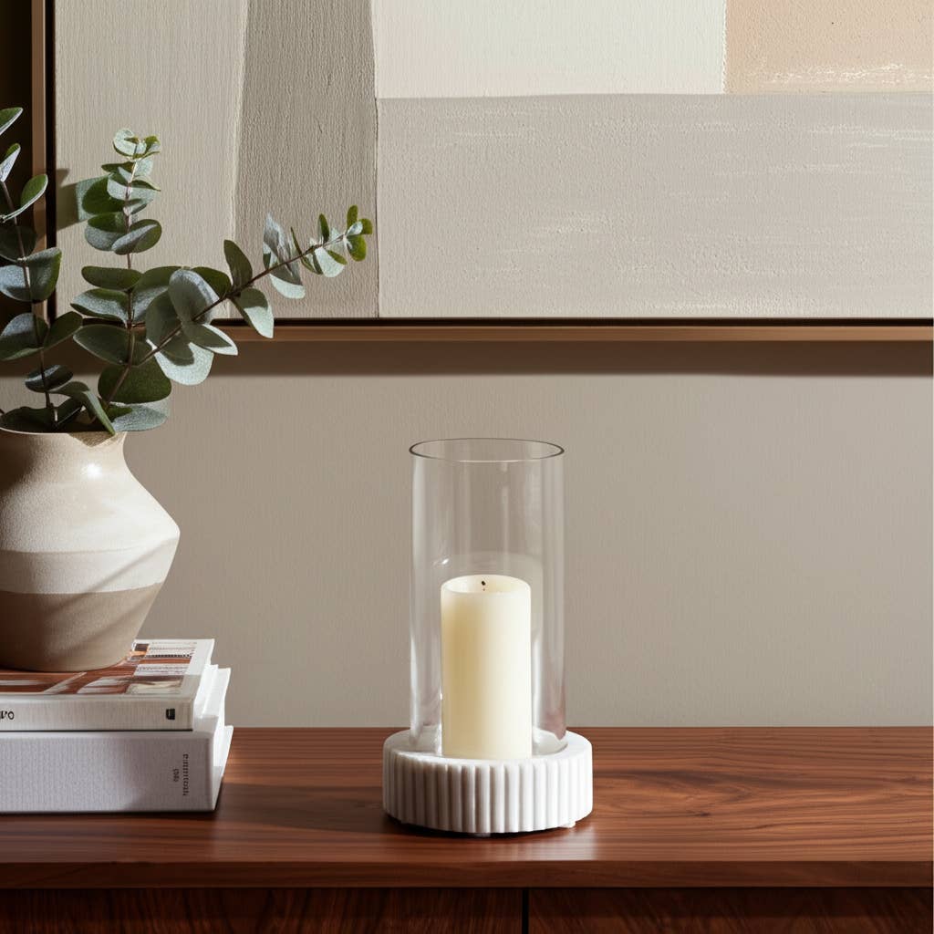Marble Glass Ridged Hurricane Pillar Holder - White, 11 in.