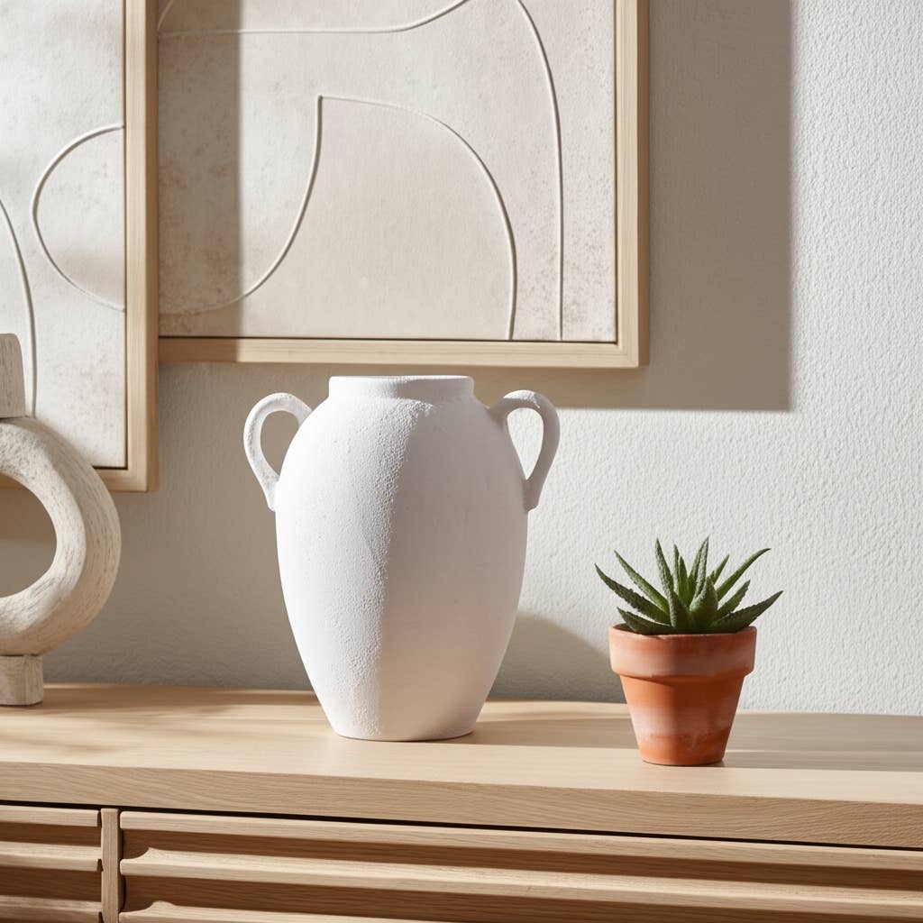 White 10 in. Ceramic Textured Jug with Handles