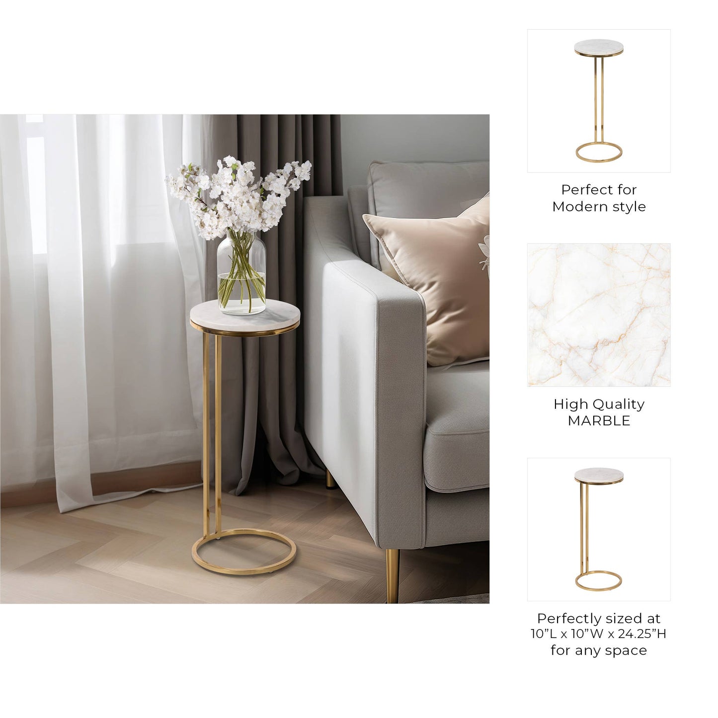 Stone Marble Top with Iron Frame End Table - White, 24 in.