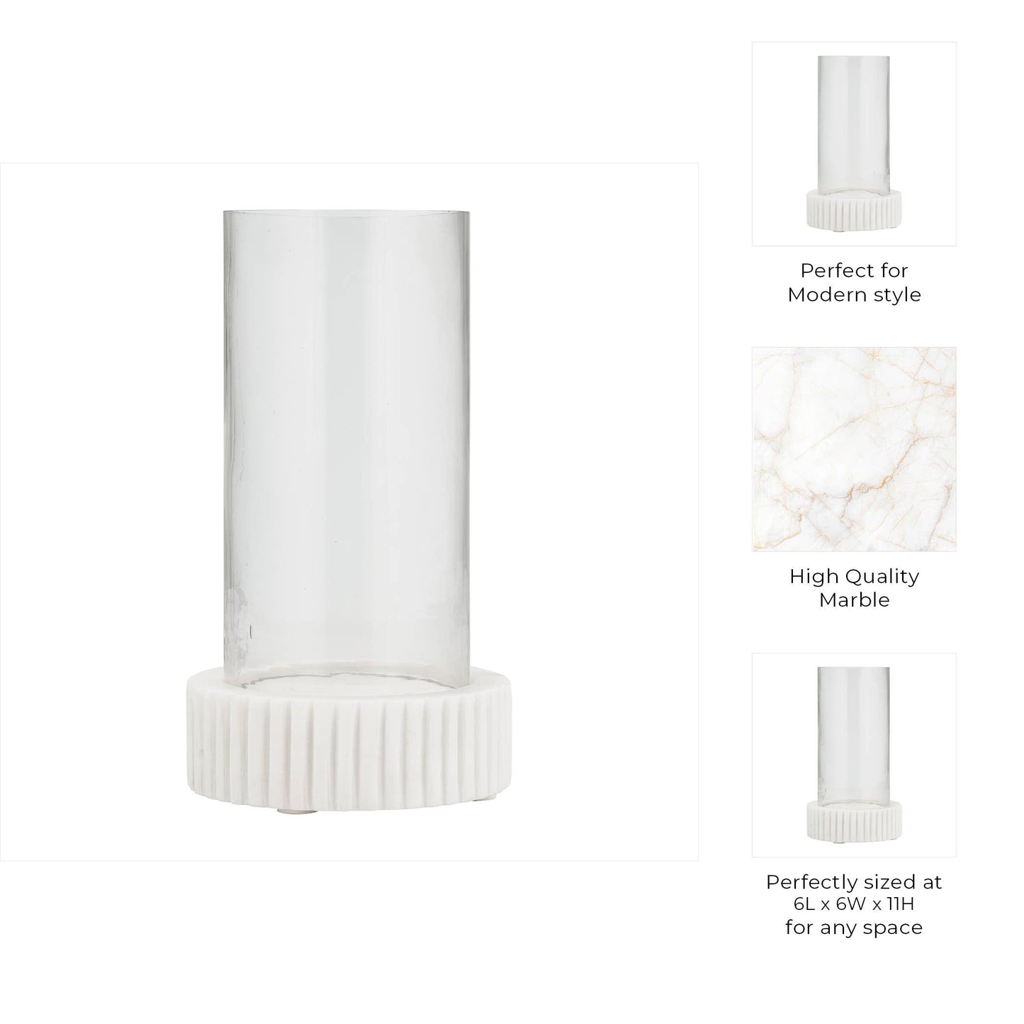 Marble Glass Ridged Hurricane Pillar Holder - White, 11 in.