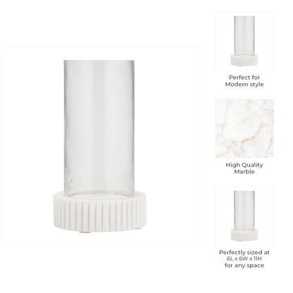 Marble Glass Ridged Hurricane Pillar Holder - White, 11 in.