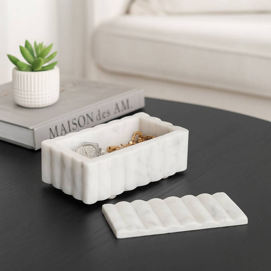 White 7x3 in. Marble Rectangular Ridged Decorative Box