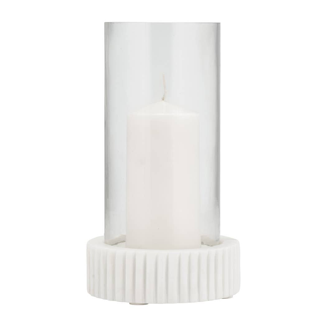 Marble Glass Ridged Hurricane Pillar Holder - White, 11 in.