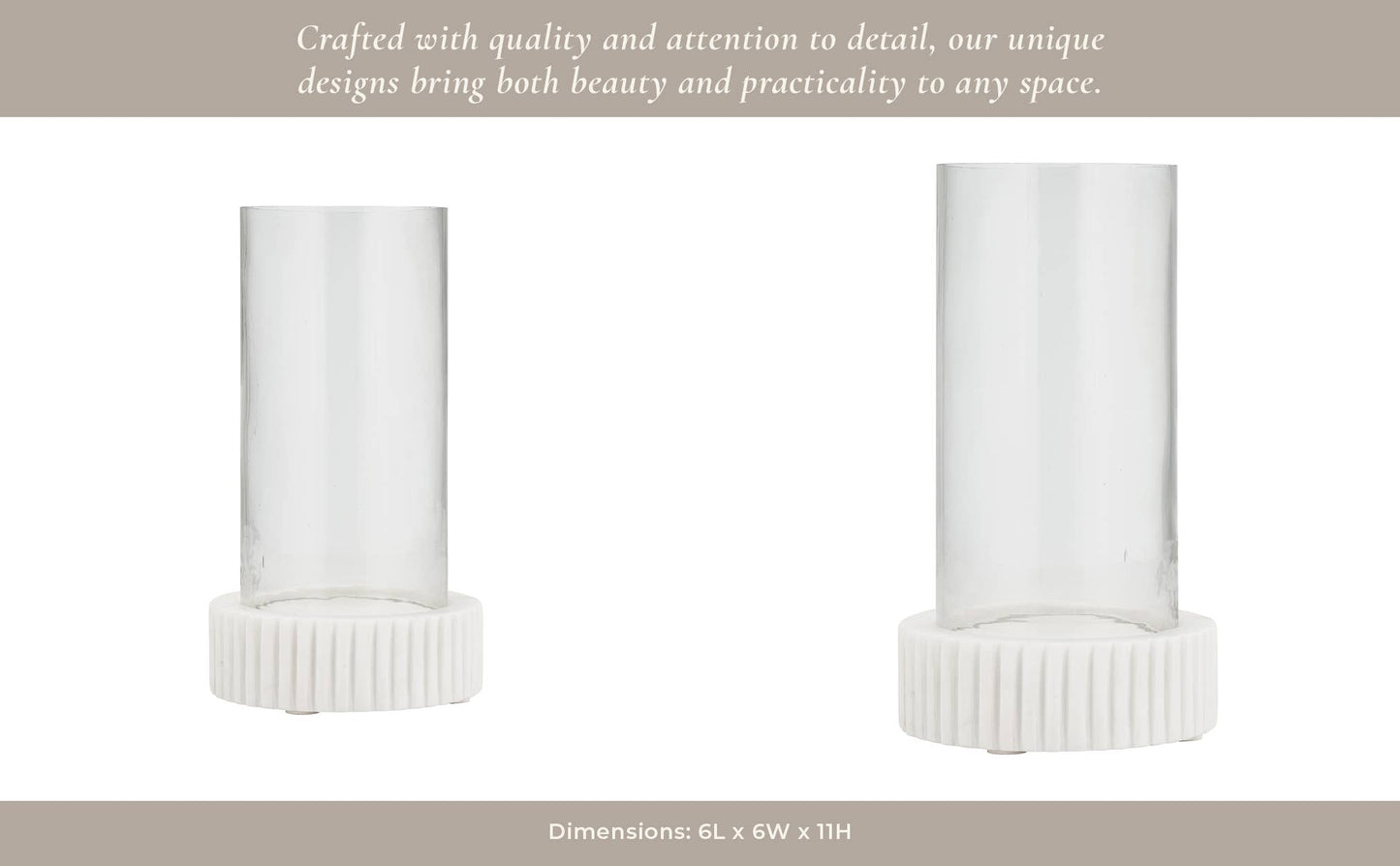 Marble Glass Ridged Hurricane Pillar Holder - White, 11 in.