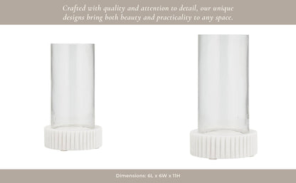 Marble Glass Ridged Hurricane Pillar Holder - White, 11 in.