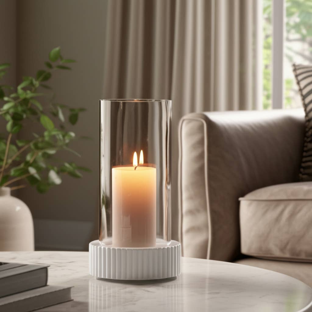 Marble Glass Ridged Hurricane Pillar Holder - White, 11 in.